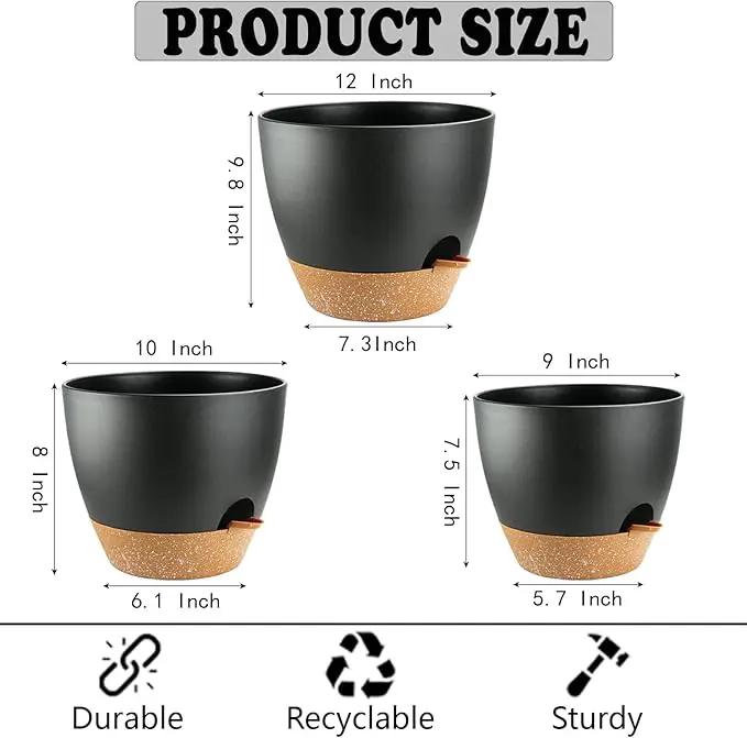 Large Self Watering Planters Plant Pots Outdoor 9/10/12 Inch for All House Plants Black Plastic Flower Pots with Drainage Hole Flower Pots for Indoor Plants Gift Idea for Home Decor by GreenHaven Gardens