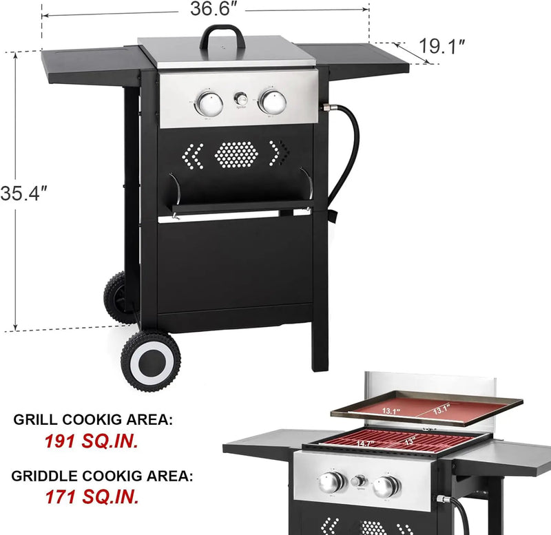 GREEN PARTY 2 Burner Griddle Grill Combo, 2 in 1 Propane Gas BBQ Grill w/Cast Iron Plate, 20,000 BTU Output Small Flat Top Propane Barbecue Grill for Camping, Patio, Backyard, Balcony by GreenHaven Gardens