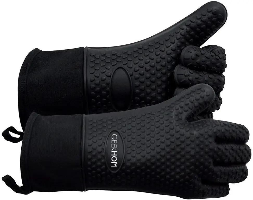 GEEKHOM BBQ Gloves, Grilling Gloves Heat Resistant Oven Gloves, Kitchen Silicone Oven Mitts, Long Waterproof Non-Slip Pot Holder for Barbecue, Cooking, Baking, Black by GreenHaven Gardens