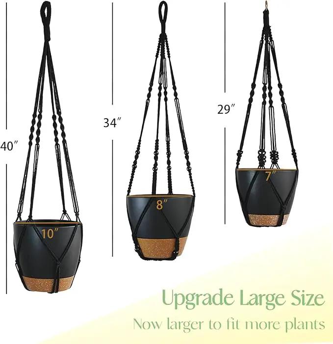 3 Pack Self Watering Hanging Planters Macrame Plant Hangers with Indoor Flower Pots 10" / 8" / 7", 3 Different Size Hanging Basket, Plant Hanger with Hooks for Garden Home Decor Black Large by GreenHaven Gardens