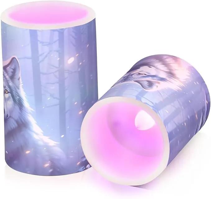 Flickering Flameless Candles, Wolf Winter Forest LED Candles with Remote Timer, Set of 2 Battery Operated Candle for Valentine Wedding Birthday by GreenHaven Gardens