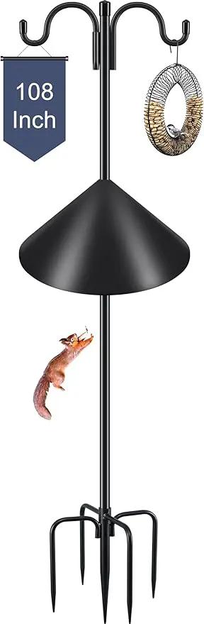 Gtongoko Bird Feeder Pole Squirrel Proof, 108 Inch Double Shepherds Hook for Outdoor with Squirrel Baffles Adjustable Heavy Duty with 5 Prongs Base for Hanging Plants, Bird Feeders, Black by GreenHaven Gardens