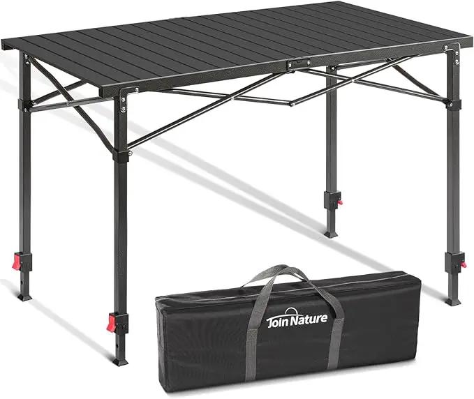 Portable Outdoor Adjustable Height Camping Table, Large for 2-6 Person, Foldable Roll-up Aluminum Camp Table with Carry Bag for Picnic, Camp, Sturdy, Stable, Loads 220 Lbs (Black) by GreenHaven Gardens