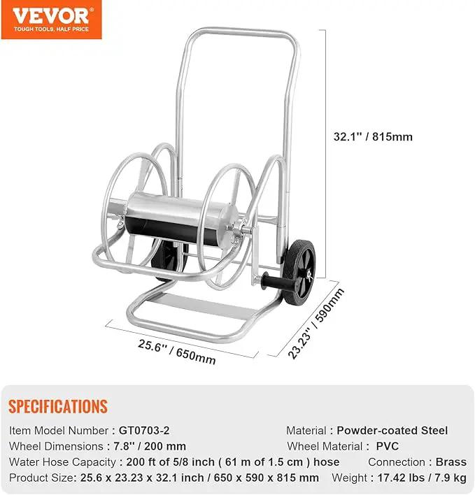 VEVOR Hose Reel Cart, Hold Up to 200 ft of 5/8 in Hose (Hose Not Included), Garden Water Hose Carts Mobile Tools with Wheels, Heavy Duty Powder-Coated Steel Outdoor Planting for Garden, Yard, Lawn by GreenHaven Gardens