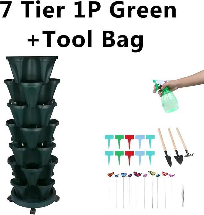 Vertical Planter, 7 Tier Stackable Strawberry Planter with Garden Tool Set, Movable Indoor/Outdoor Garden Herb Pot for Growing Vegetables and Succulents, Green by GreenHaven Gardens