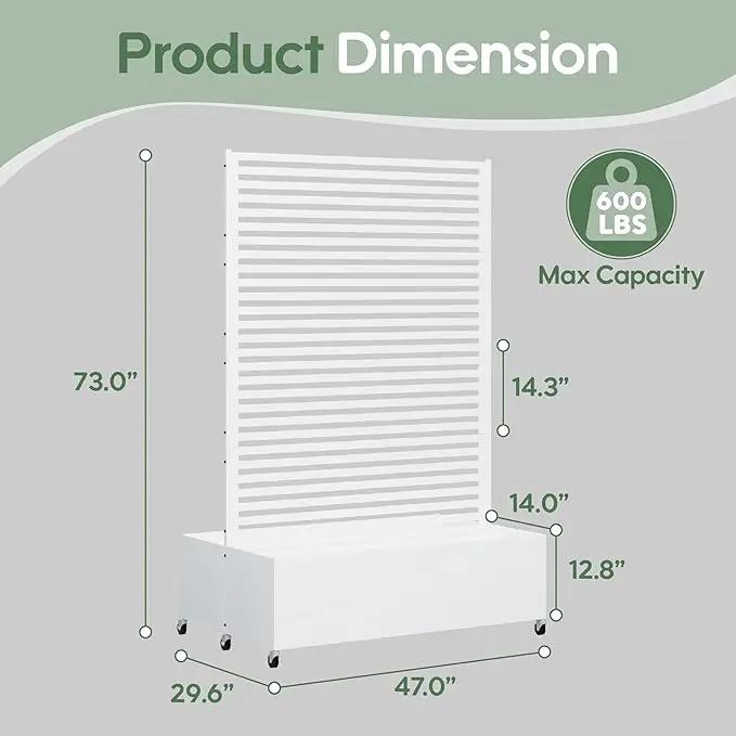 Double Metal Planter Box with Trellis Privacy Screen, Raised Garden Bed with Trellis & Wheels, Planter Box Outdoor with Drainage Holes for Climbing Plants, Vegetable, Vines,73"x 47"x 30", White by GreenHaven Gardens