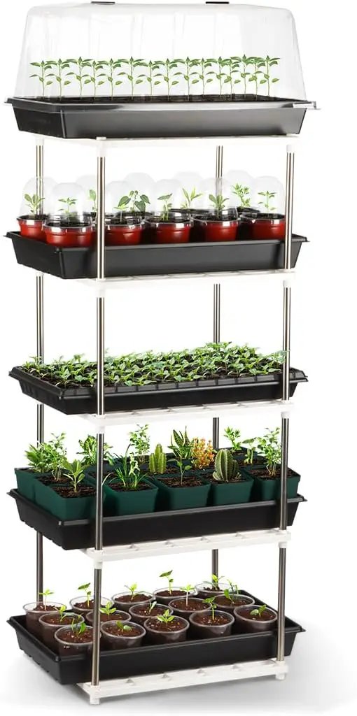 5 Layer Sprouting Tray Storage Shelf, Plant Tray Shelf Nursery Pot Tray Shelf Seeding Tray Container Shelves Indoor/Outdoor Plant Rack Holder (34.65''Hx13.58 Wx16.54 L, White) by GreenHaven Gardens