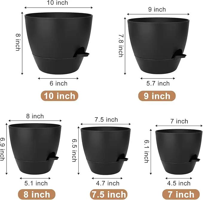 Plant Pots 10/9/8/7.5/7 Inch Self Watering Pots, Set of 5 Plastic Planters with Drainage Holes and Saucers,Plastic Flower Pots,Nursery Planting Pot for Indoor Out Door Plants(All Black) by GreenHaven Gardens