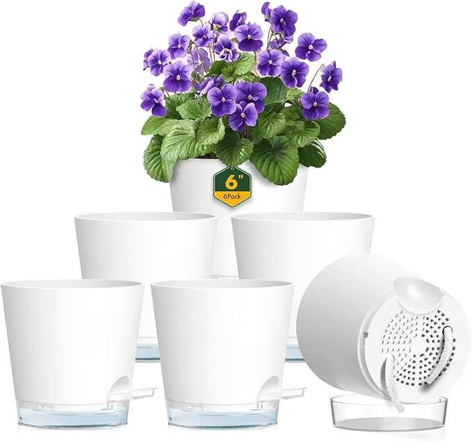 6 inch Self Watering Pots for Indoor Outdoor Plants, 6 Pack Flower Plant Pots with Drainage Holes and Clear Reservoirs, Visible Water Level, Plastic Planters with Wicking Rope, White by GreenHaven Gardens