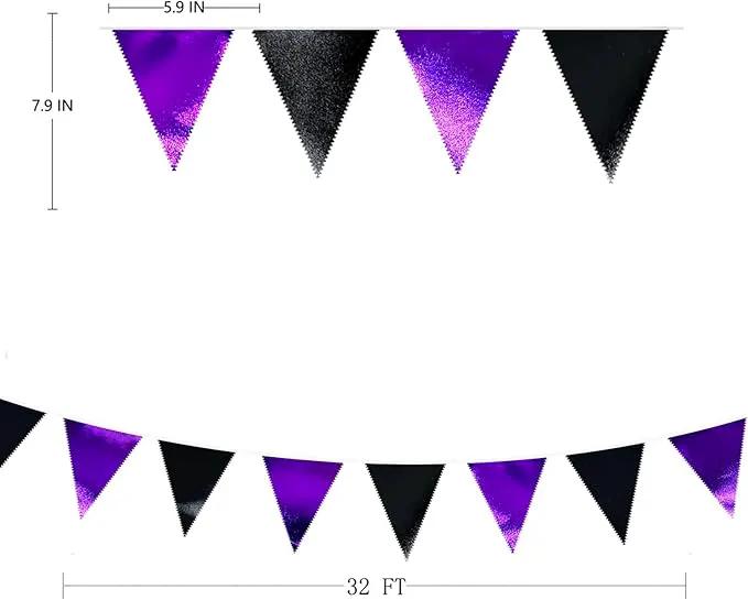 Purple and Black Party Decorations Metallic Fabric Triangle Pennant Banner Flag Bunting Garland for Graduations Birthday Retirement Wedding Baby Shower Bachelorette Halloween Outdoor Party Supplies by GreenHaven Gardens
