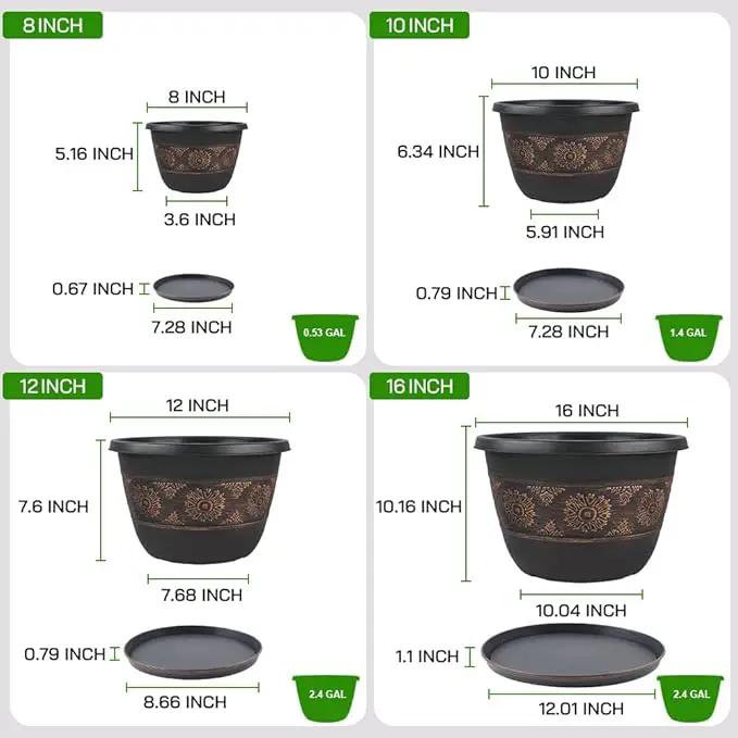 4 Pack 16 inch Plant Pots, Retro Pattern Planters with Drainage Holes and Saucer, Sturdy Plastic Garden Flower Pots for Indoor & Outdoor Plants by GreenHaven Gardens