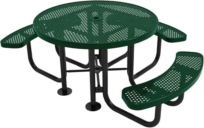 Heavy-Duty Portable Outdoor Picnic Table with Umbrella Hole, Punched Steel Patio Dining Furniture Made in America (46" Round Top, Green) by GreenHaven Gardens
