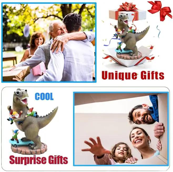 Garden Statue Outdoor Decoration, Cool Dinosaur Play Skateboard with Gnomes Figurines, Indoor Outdoor Decor Art for Patio Lawn Yard, Housewarming Garden Gift… by GreenHaven Gardens