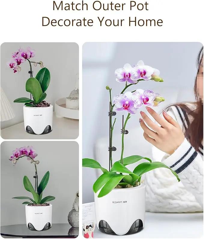 5 inch Orchid Pots with Holes for Repotting with Excellent Airflow, Set of 3, Double Layer Plastic Imitate Ceramic Orchid Planter, Clear Orchid Pot Match Decorative Orchid Container by GreenHaven Gardens