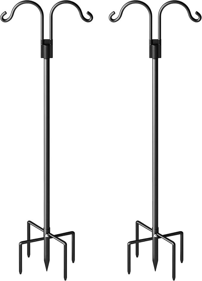 Double Shepherds Hooks for Outdoor, Heavy Duty Bird Feeder Pole with 5 Prong Base, Adjustable Shepards Hook for Outside, Garden, Weddings, Hanging Plant, 2 Pack by GreenHaven Gardens