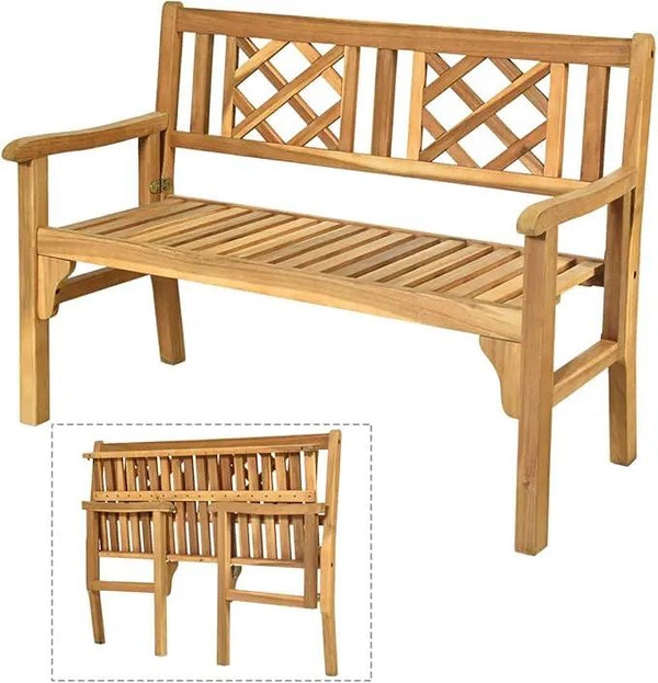 Giantex 4 Ft Foldable Outdoor Bench, Acacia Wood Outside Loveseat with Curved Backrest and Armrest, 705Lbs Weight Capacity, Garden Bench for Patio, Park, Porch, Balcony