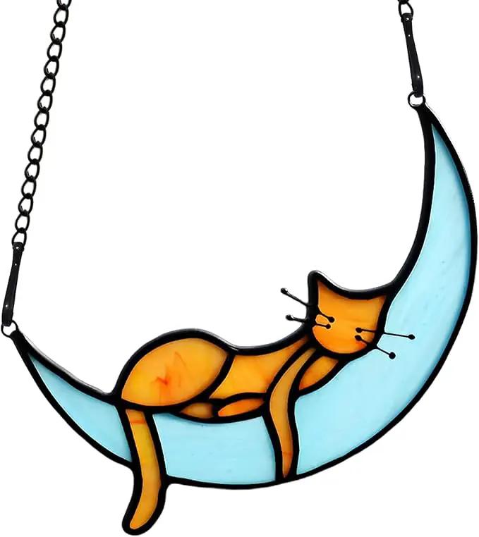 BOXCASA Sleeping Cat Stained Glass Windown Hanging,Orange Cat on Moon Beautiful Handcrafted Sun Catcher Gifts for Daughter,Mothers Day,Christmas and Cat Lover by GreenHaven Gardens