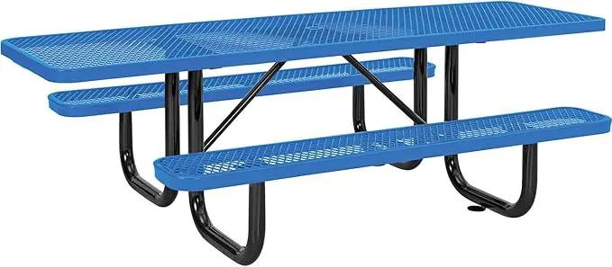 Global Industrial 8'L Rectangular Picnic Table, ADA Compliant, Expanded Metal, Blue Thermoplastic Coating, Attached Benches, 1-1/2” Umbrella Pole Hole, Outdoor-Rated by GreenHaven Gardens
