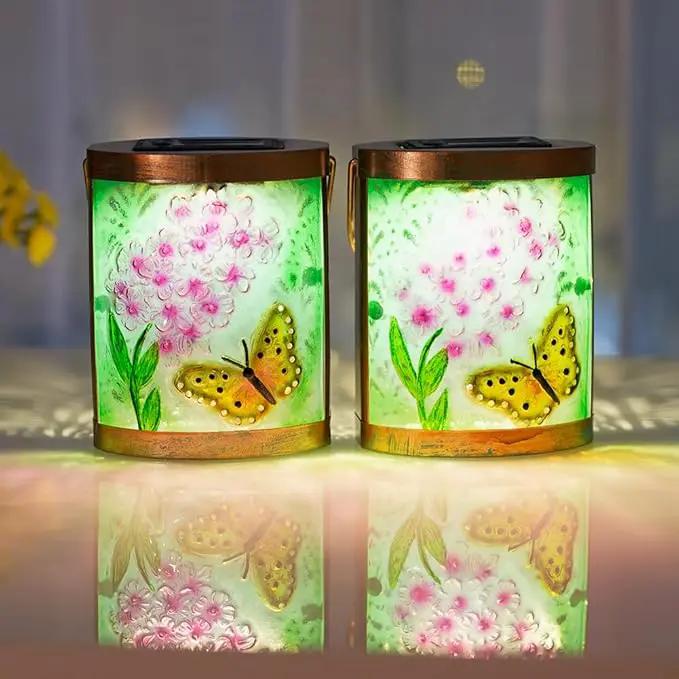 Starsoul 2 Pack Hanging Solar Lantern Outdoor Waterproof Glass Butterfly and Flowers Decorative Solar Lights for Outside Garden Yard Table Patio Decor by GreenHaven Gardens
