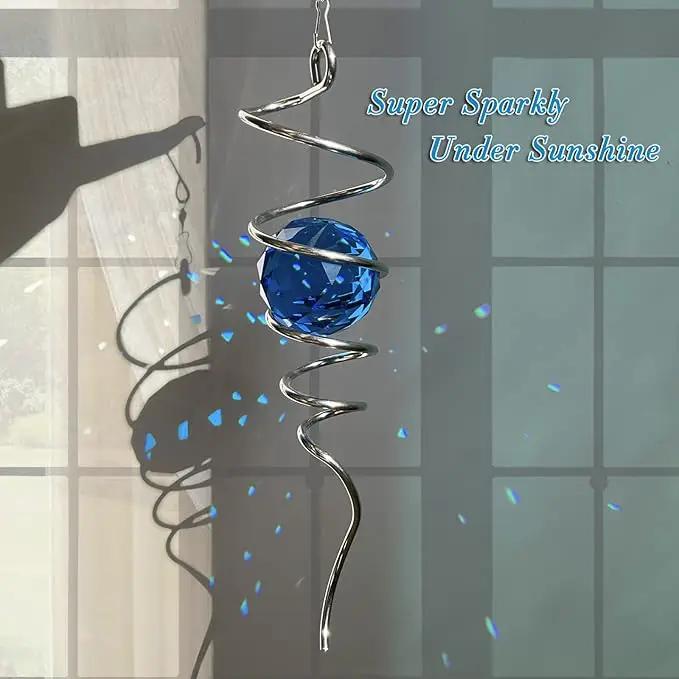 Fonmy Gazing Ball Spiral Tail -Decorative Wind Spinner Sun Catcher Rainbow Maker 11 inch Tail and 2 inch Peacock Blue Crystal Orb. Indoor Outdoor Garden Decoration -13 inch Height by GreenHaven Gardens