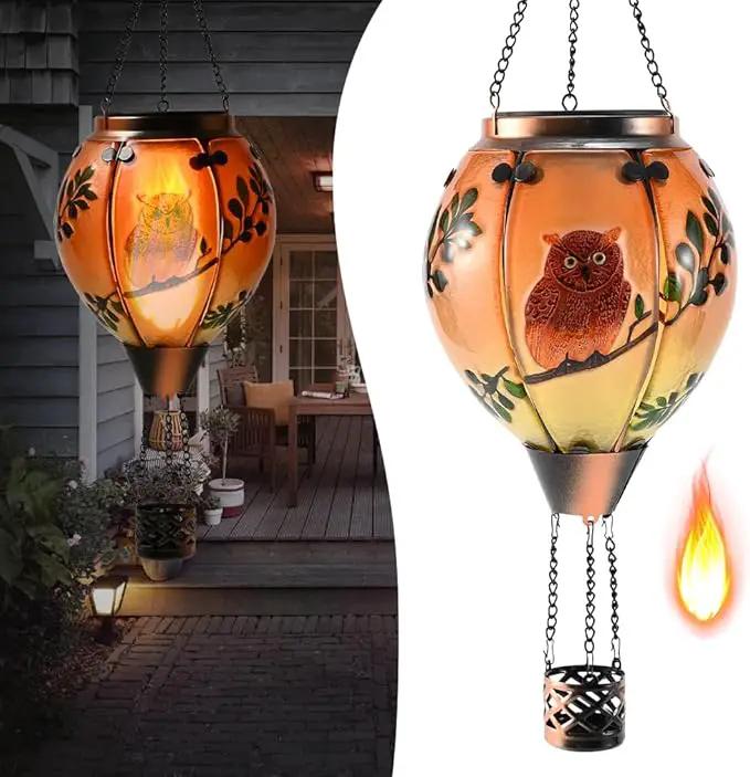 Hot Air Balloon Solar Lantern - Owl Bird Stained Glass Lantern with Simulated Flickering Flame, Outdoor Hanging Yard Light Waterproof IP65 & Weather Resistant for Patio Lawn Porch Decor Gfit by GreenHaven Gardens