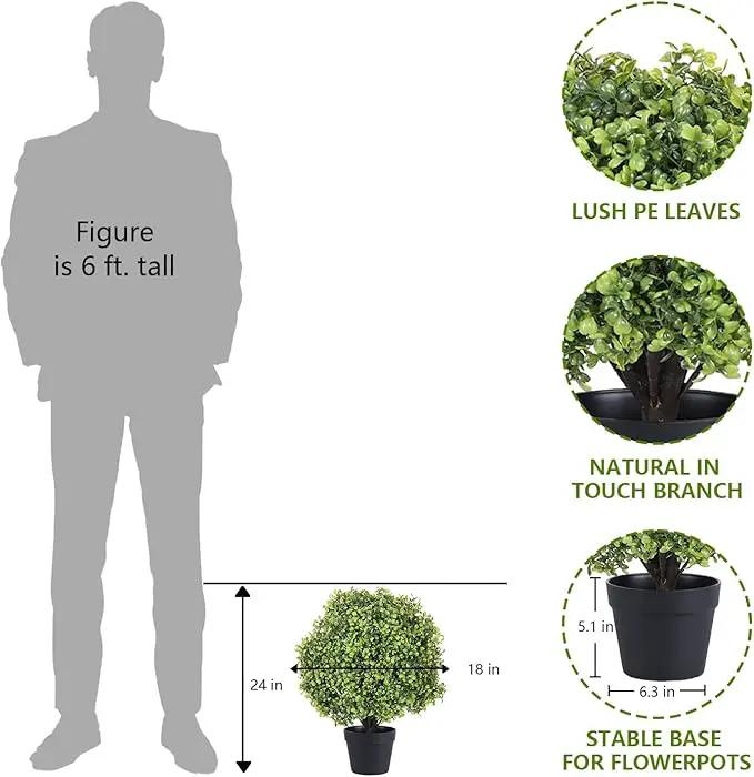 THE BLOOM TIMES 2ft Boxwood Topiary Ball Trees Artificial Outdoor Set of 2, 24" Faux Evergreen Plants Outside UV Resistant Greenery, Fake Potted Bushes and Shrubs for Front Porch Planter Patio Decor by GreenHaven Gardens