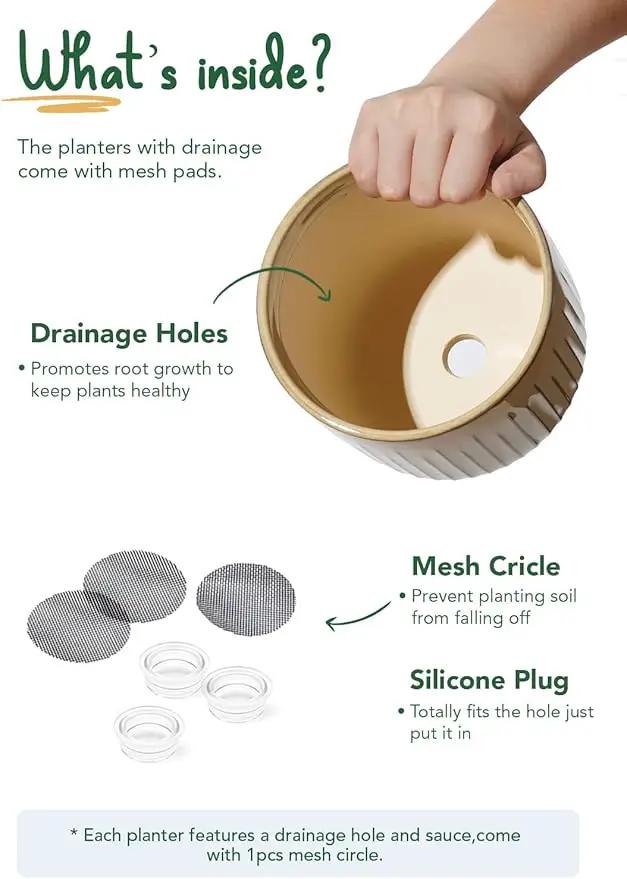 LE TAUCI Fluted Ceramic Planters Set of 3 – 8.3/7 / 5.7 in Cloud Cream Reactive Cylinder Indoor Plant Pots with Drainage Plug & Mesh, Glossy Stoneware Flower Pots for Succulents Herbs by GreenHaven Gardens