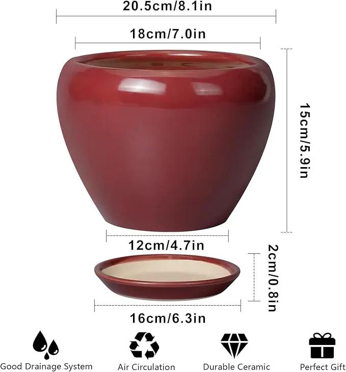 Ceramic Planter - 8 Inch Plant Pot Indoor with Drainage Hole and Saucer Planter for Outdoor Plants Round Flower Pot for House Patio Decor Red by GreenHaven Gardens