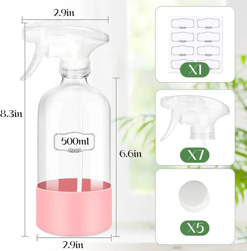 5 PACK/16 OZ Glass Spray Bottles with Upgraded Adjustable Spray Nozzle, Refillable Containers with Silicone Sleeve, Spray Bottle for Hair&Cleaning Solutions&Essential Oils-Pink Blue Gray Black White by GreenHaven Gardens