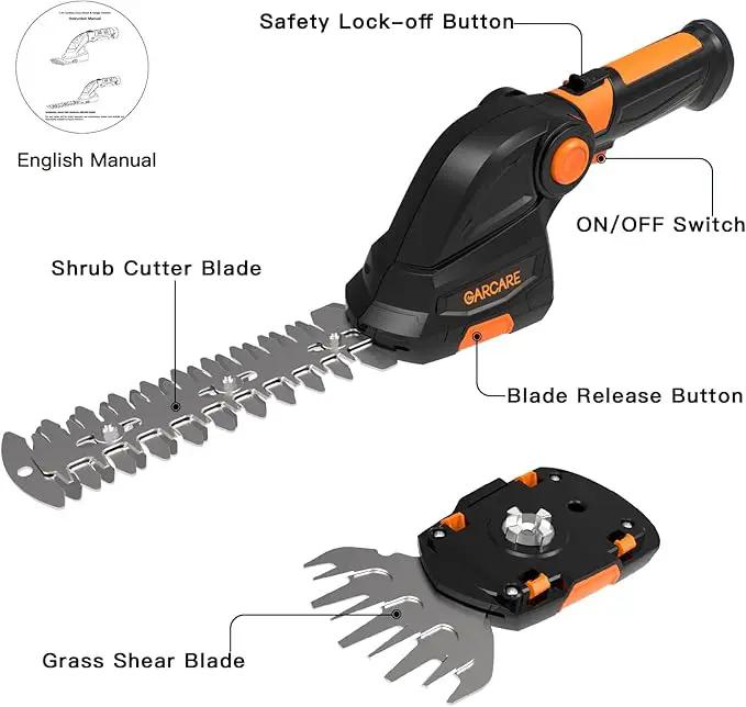 GARCARE 2 in 1 Grass Shear Cordless 7.2V Bush Timmer Handheld Grass Cutter for Shrub, Garden and Lawn Built-in 1500mAh Lithium Battery with 60min Fast Charger by GreenHaven Gardens