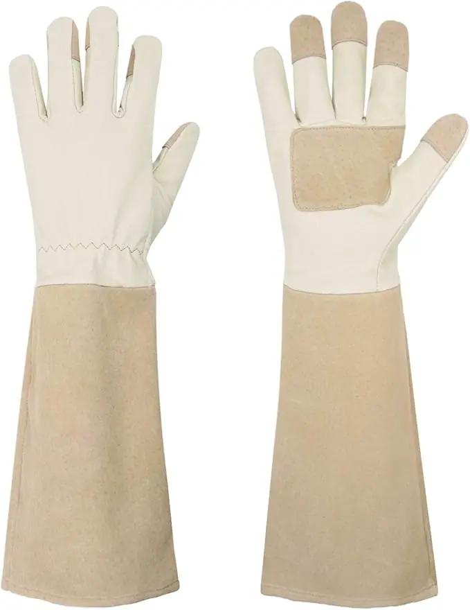 HANDLANDY Pruning Gloves Long for Men & Women, Pigskin Leather Rose Gardening Gloves- Breathable & Durability Gauntlet Glove (Small, Beige) by GreenHaven Gardens