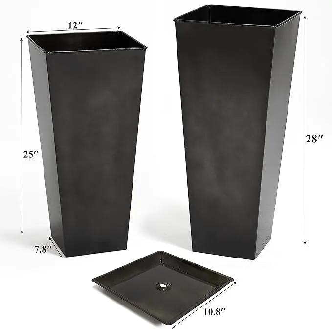 WORTH Garden Large Metal Glazed Planter Set of 2 (25" + 28"), Luxurious Glossy Finish Black Tall Square Tapered Steel Plant Pot, Decor Flower Pot Indoor & Outdoor, Drainage Hole & Dual-Purpose Saucer by GreenHaven Gardens