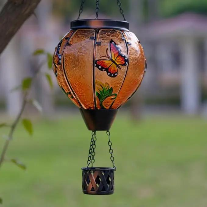 Starsoul Butterfly Hot Air Balloon Solar Lantern with Flickering Flame Light Glass Solar Powered Hot Air Balloon Lamp Waterproof Hanging Outdoor Solar Lantern for Yard Porch Backyard Decor by GreenHaven Gardens