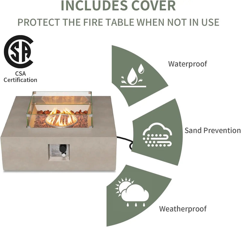 COSIEST 35-inch Square Outdoor Sandstone Propane Fire Pit w Wind Guard and Side Table, CSA Certified, 50,000 BTU Stainless Steel Burner, Free Lava Rocks and Rain Cover, Metal Lid(Gray) by GreenHaven Gardens