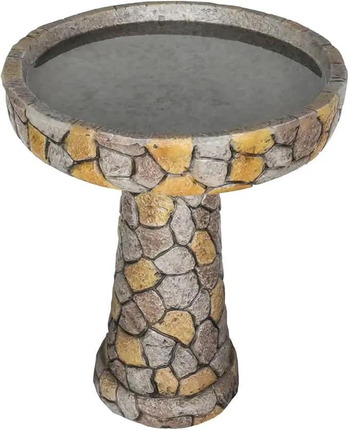 SKYFIRE Stone Like Outdoor Bird Bath - Concrete Freestanding Patio Birdbath with Pedestal for Garden, Patio, Yard, Lawn - 18.8”L X 18.8”W X 24”H Rustic Faux Stone Pedestal Outdoor Garden Birdbaths by GreenHaven Gardens