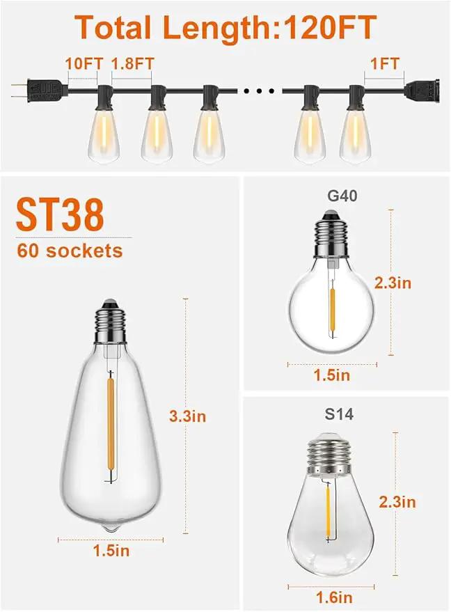 GPATIO 120FT Outdoor String Lights, Waterproof Patio Lights with 64 Hanging Lights ST38 Bulbs, 2700k Shatterproof for Backyard Gazebo Porch Garden Outside Decor by GreenHaven Gardens