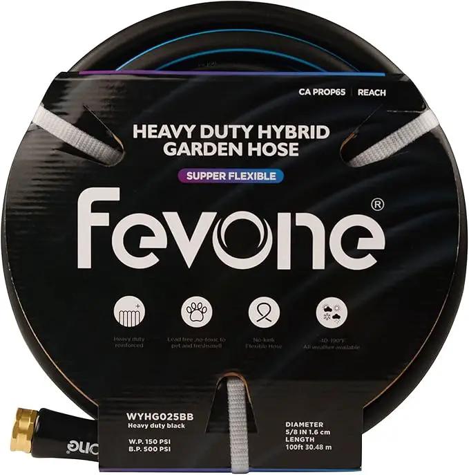 Fevone 100 ft Garden Hose, 2-Year Warranty, Heavy Duty Water Hose, Hybrid Polymer, Kink Resistance, Flexible, Durable, Solid Brass Fittings, 3/4" GHT, 5/8" ID, 600 PSI, by GreenHaven Gardens