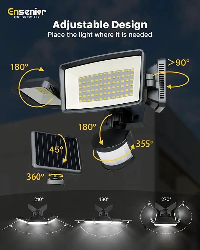 Ensenior 5 Motion Sensor Modes Solar Security Light, 1800LM 270° Wide Angle 3 Heads LED Flood Lights, IP65 Waterproof Wall Lights, Separate Solar Panel Remote Control Solar Lights Outdoor by GreenHaven Gardens