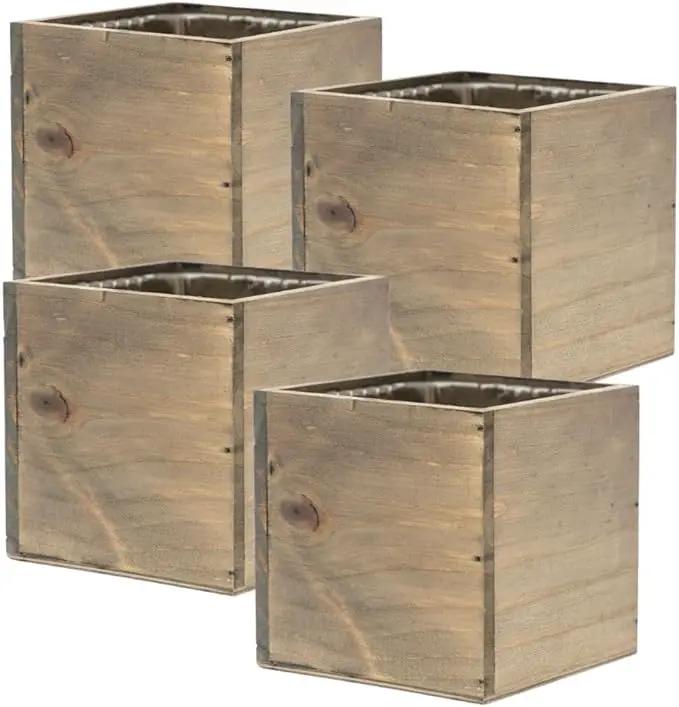 Wooden Planter Box, Rustic Barn Wood with Plastic Liner l Garden Decor l Restaurant and Wedding Decorations l Wedding Bouquets, Table Centerpiece (5x5 Set of 4, Natural) by GreenHaven Gardens