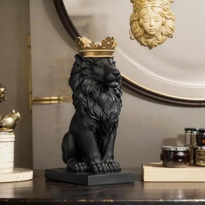 LCdecohome Lion Statue - Outdoor Collectible Figurine, 15 Inch Gold Crown Black Standing Lion Home Decor for Desk & Home Black Decor Gift by GreenHaven Gardens