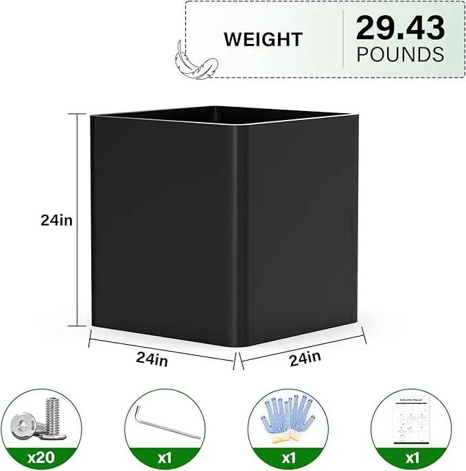 Large Metal Square Planter 24" L x 24" W x 24" H, Heavy Duty Black Large Outdoor Planters with Drainage Hole for Porch/Patio/Garden by GreenHaven Gardens