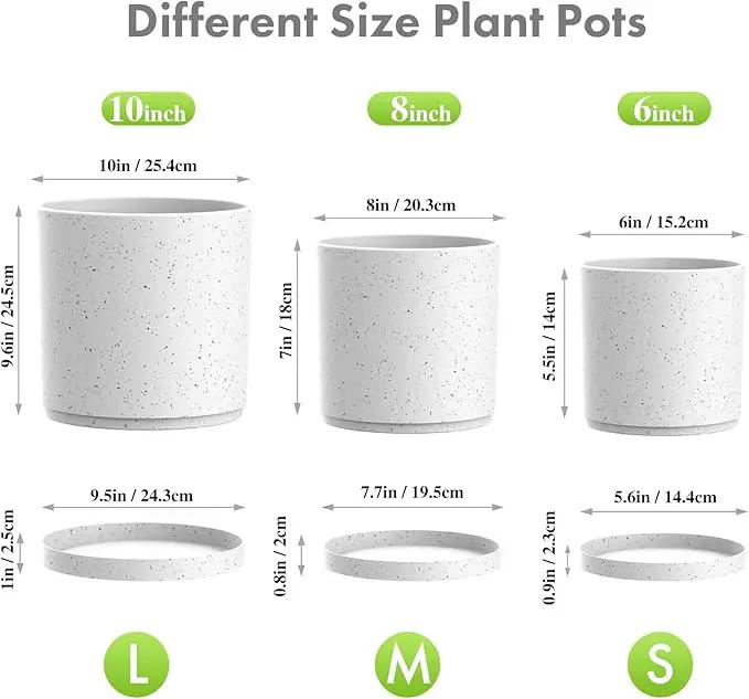 10/8/6 inch Deep Flower Pots, Cylinder Large Plant Pots for Outdoor Indoor Plants, 3 Pack Tall Plastic Planters with Drainage Holes and Saucers for Garden House Plants, Speckled White by GreenHaven Gardens