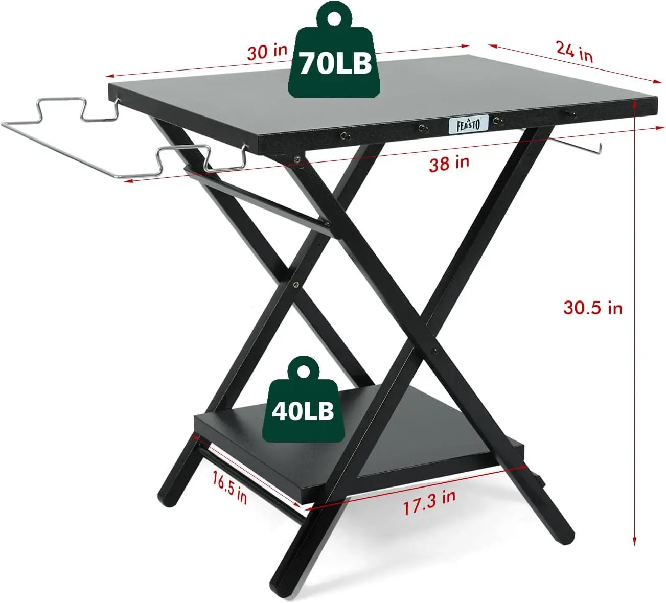 Folding Grill Table with Extra Storage Bottom Shelf, Indoor & Outdoor Prep Table with Garage Rack & Tissue Holder, Pizza Oven Stand for Pizza Oven & Blackstone Griddle, 30" x 24", Black by GreenHaven Gardens
