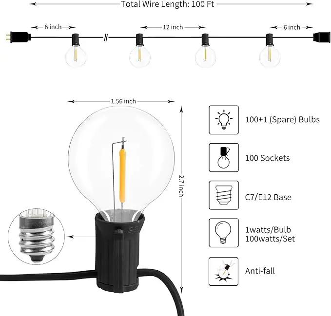 Brightown Led String Lights Outdoor 100Ft Waterproof G40 Patio Lights with 104(4 Spare) Led Shatterproof Bulbs, Led Globe Hanging Lights for Porch Bistro Balcony Backyard Decor, E12 Socket, 2200K by GreenHaven Gardens