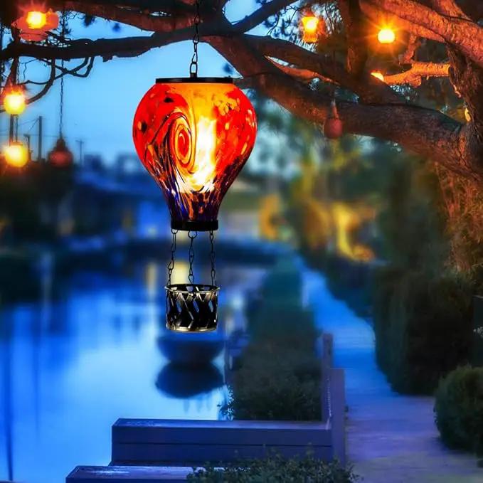 Starsoul Solar Hot Air Balloon Lantern with Flame Tie-Dye Style Hot Air Balloon Lamp Glass Outdoor Solar Hanging Lantern Waterproof for Garden Yard Patio by GreenHaven Gardens