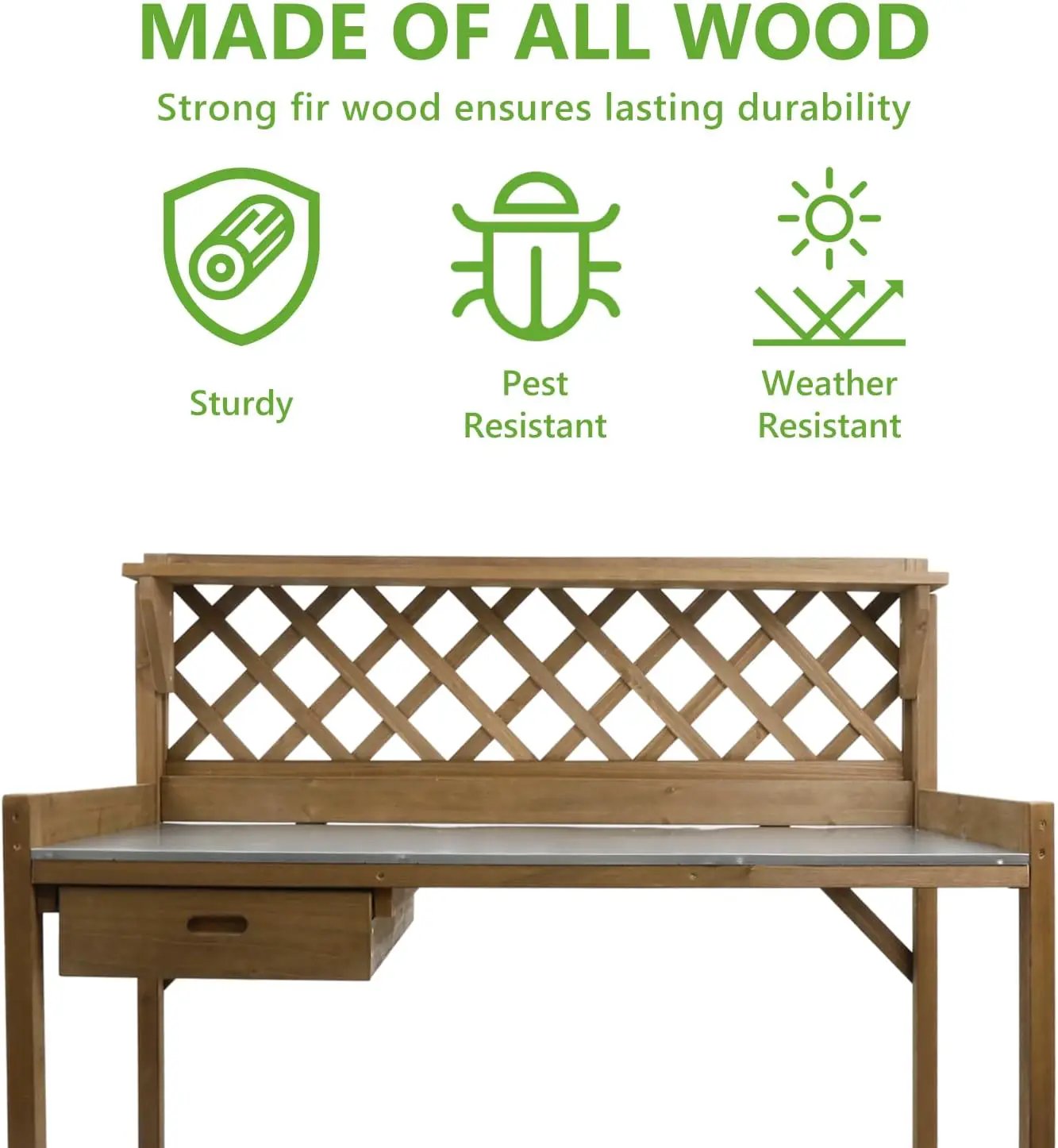 Garden Potting Benches & Tables,Outdoor Wooden Work Station W/Metal Table Top,Drawer,Large Bottom Shelf,Open Shelf Natural Wood-Natural Stained by GreenHaven Gardens
