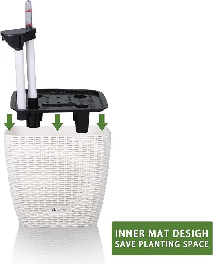 Dexceder 9x8 Self Watering Planter Indoor Outdoor, Inner Mat Design, Thickened Table Flower Plant Pot with Water Level Indicator (Ivory White Rattan) by GreenHaven Gardens