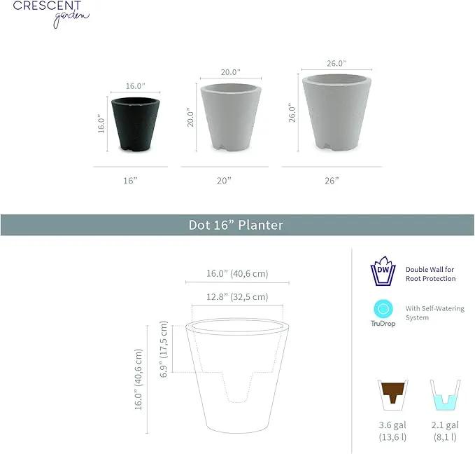 Crescent Garden Dot TruDrop Indoor/Outdoor Planter, Self-Watering Plant Pot, 16 Inches, (Slate) by GreenHaven Gardens