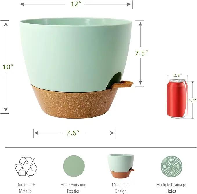 12 inch Large Self Watering Pots, Plastic Planters with 60oZ Removable Deep Reservoir and Multi Mesh Drainage Holes for Indoor Outdoor Garden Plants and Flowers, Green with Brown by GreenHaven Gardens