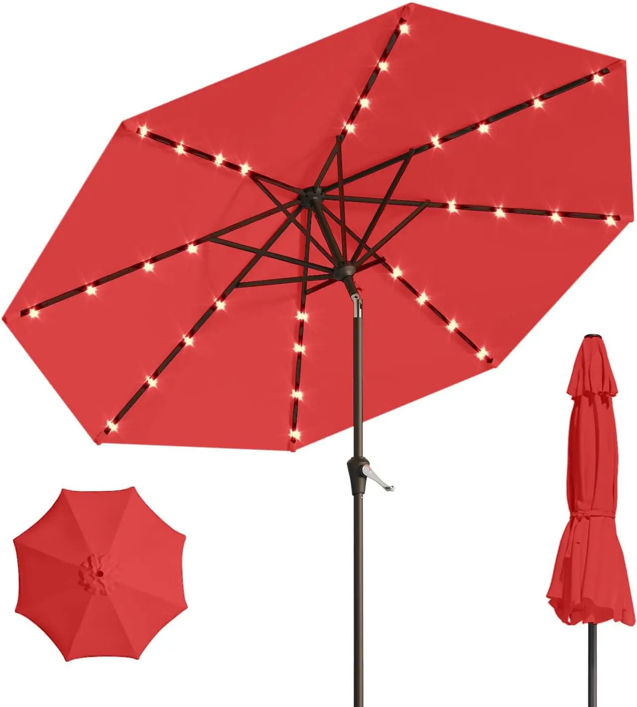 10FT Solar Umbrella 32 LED Lighted Patio Umbrella Table Market Umbrella w/Tilt and Crank, UV-Resistant Outdoor Umbrella for Pool, Garden, Deck, Red by GreenHaven Gardens